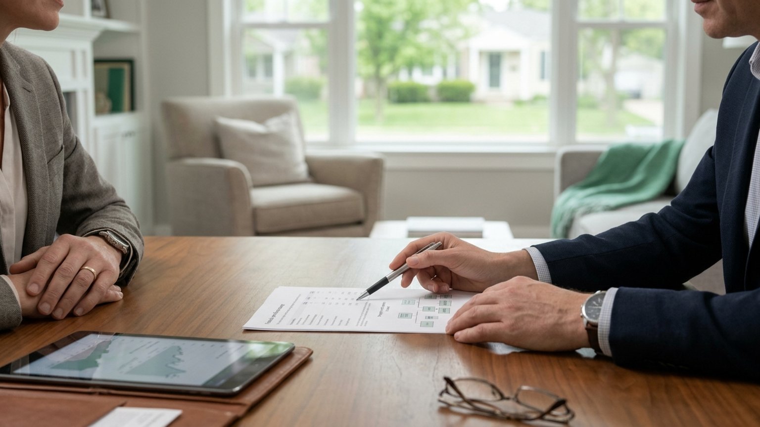 An advisor points a pen at a document, discussing a real estate investment strategy for retirement with a client