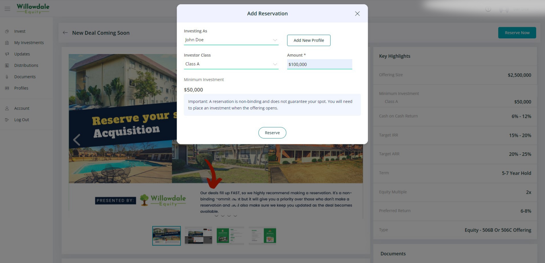 Investor Portal — Dashboard View
