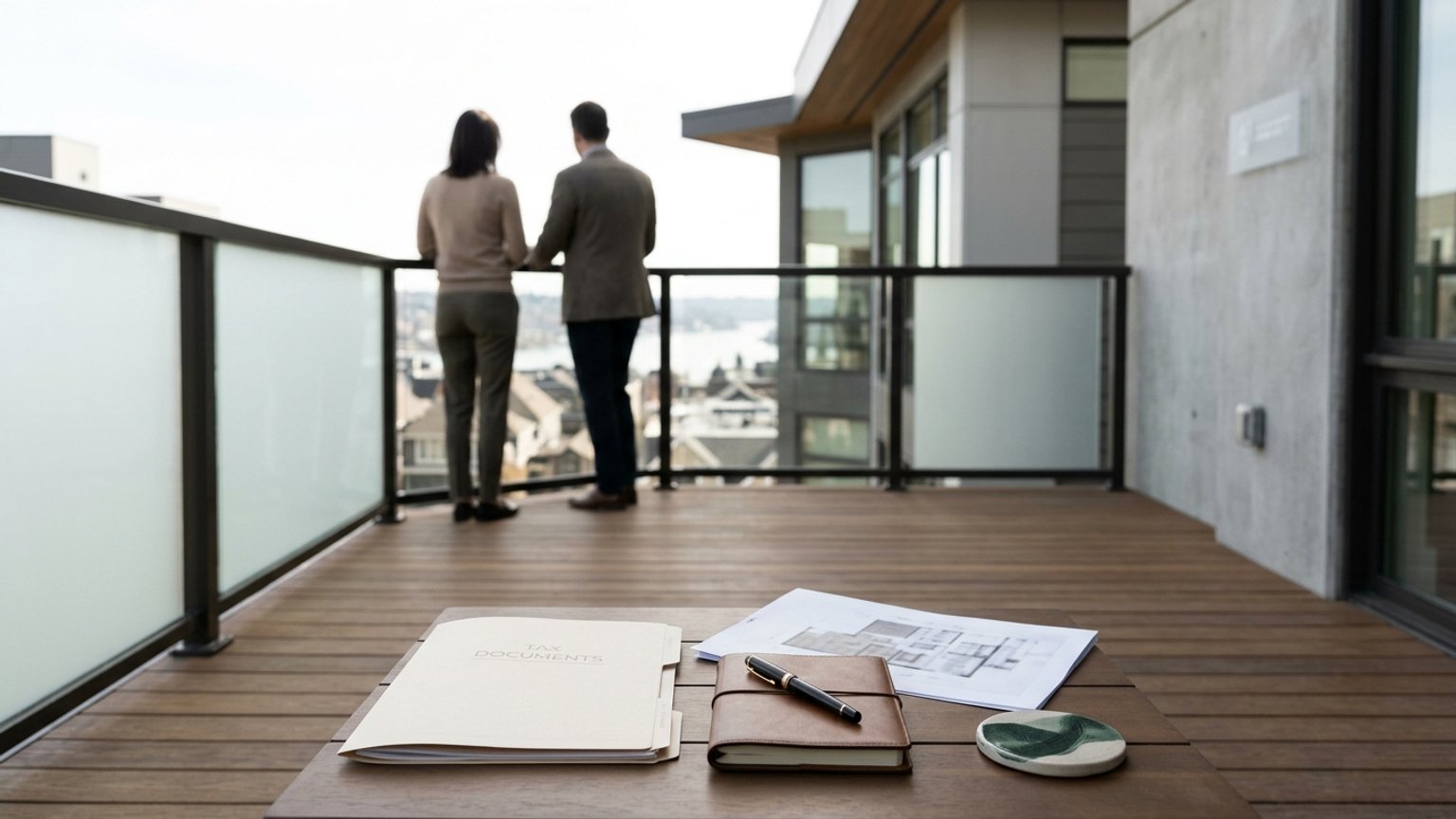 Tax documents and architectural plans on a balcony table, with a couple looking out at the city view in the background